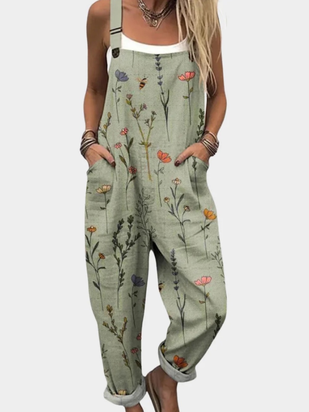Sage Green Floral Women's Denim-Style Overalls